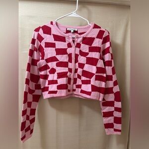 Pretty Garbage Pink & Red Checker Knit Cropped Cardigan | Size S